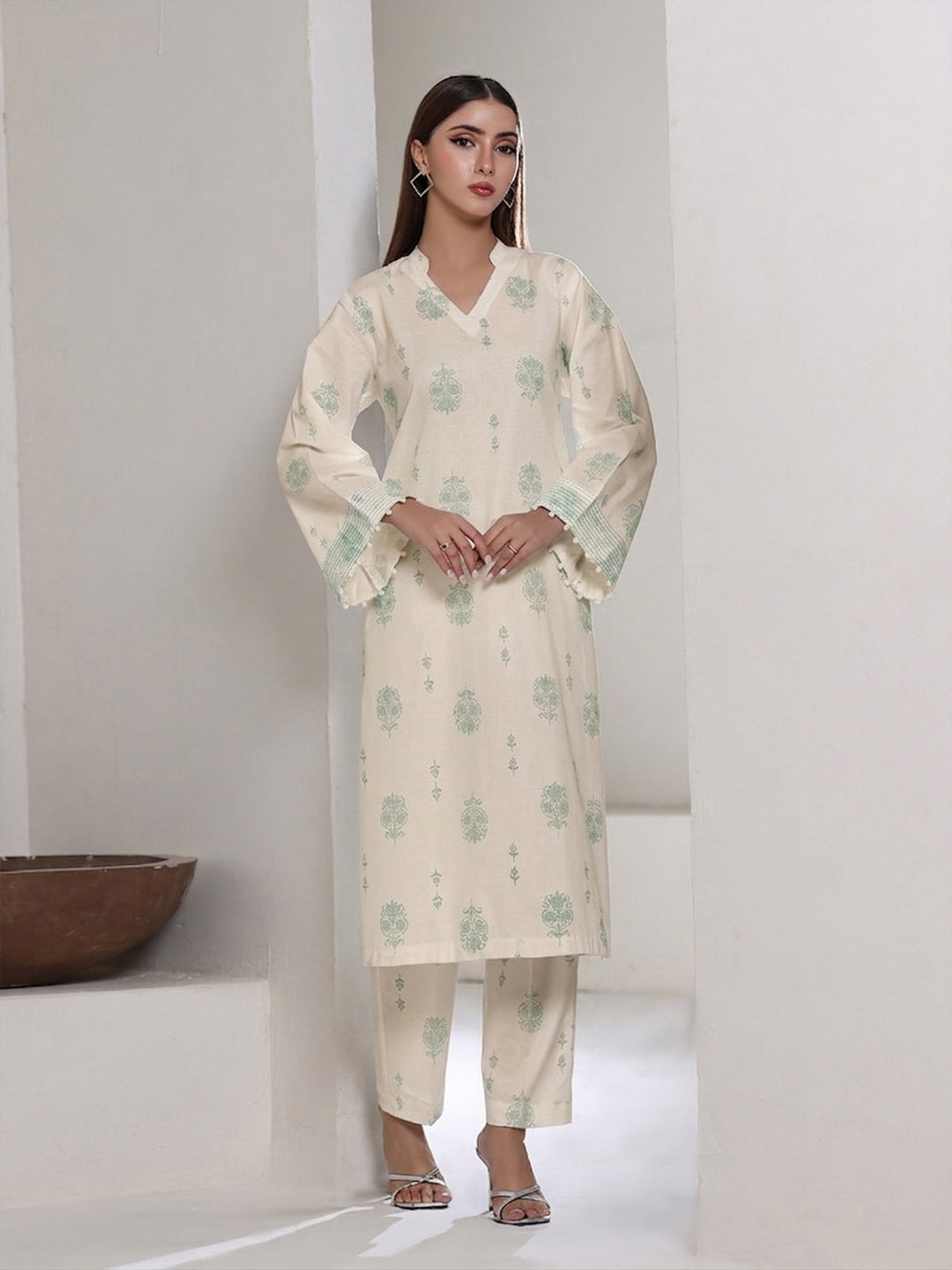 Oaks - Dyed Cambric Screen Print Suit For Women - Off White & Green - 2 Piece