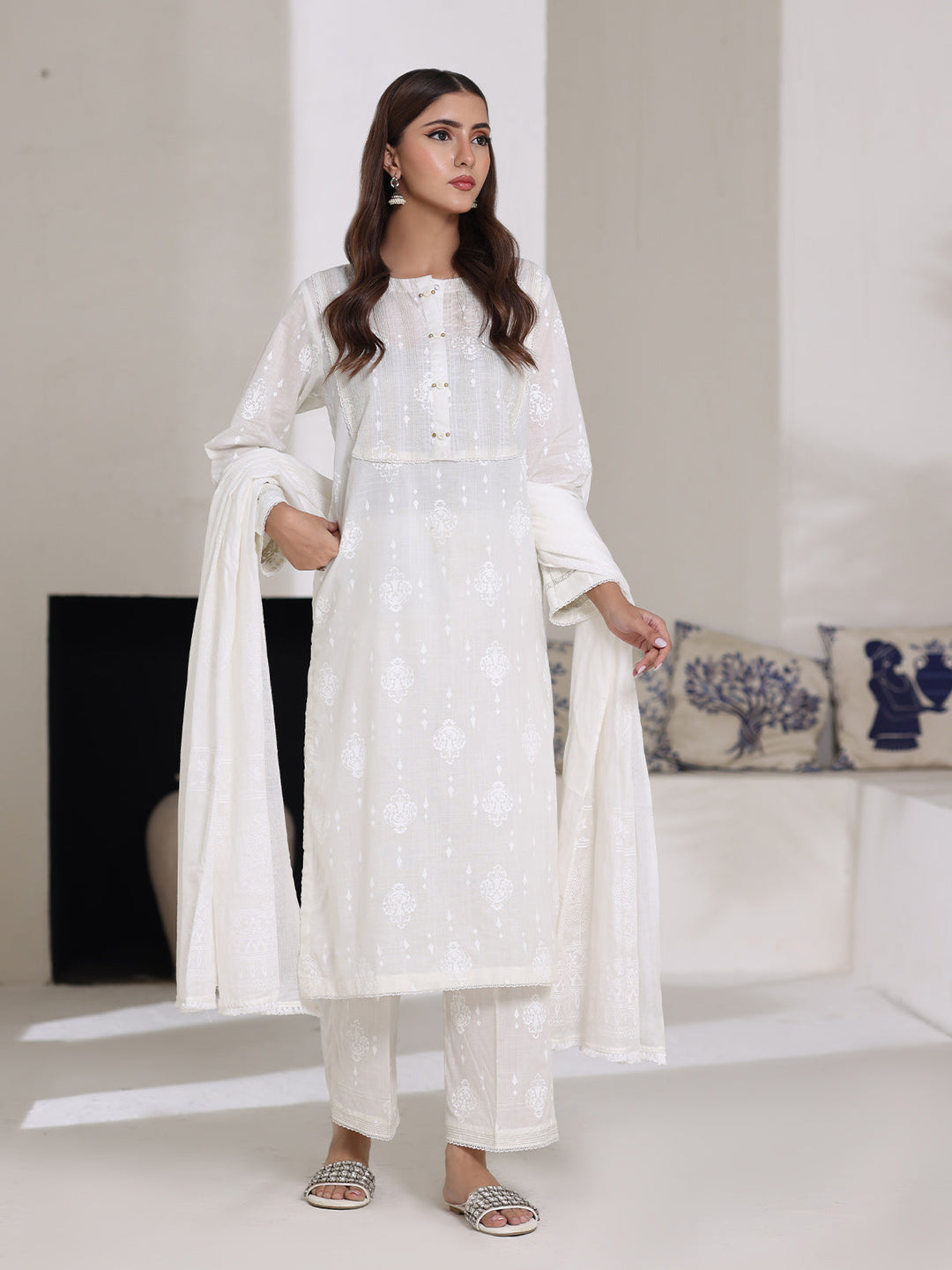 Oaks - Dyed Cambric Screen Print Suit For Women - White - 3 Piece