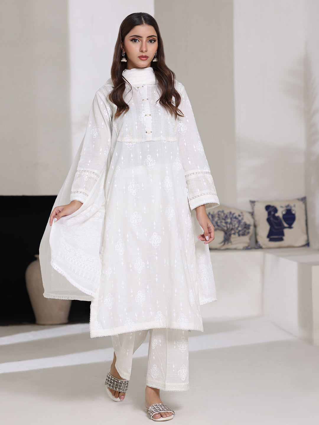 Oaks - Dyed Cambric Screen Print Suit For Women - White - 3 Piece