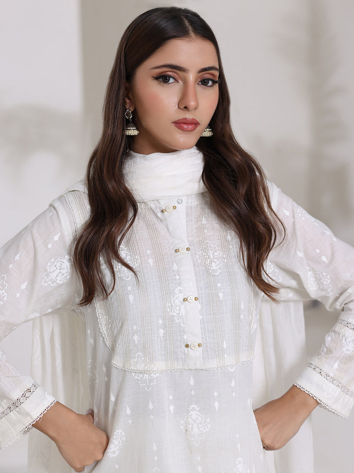 Oaks - Dyed Cambric Screen Print Suit For Women - White - 3 Piece