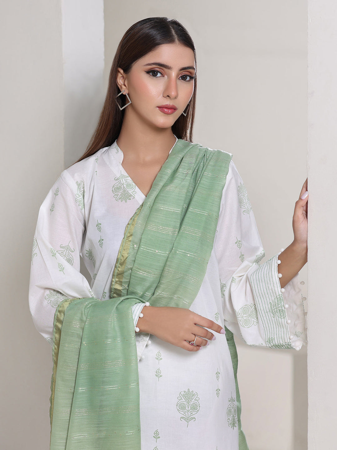 Oaks - Dyed Cambric Screen Print Suit For Women - White & Green - 3 Piece