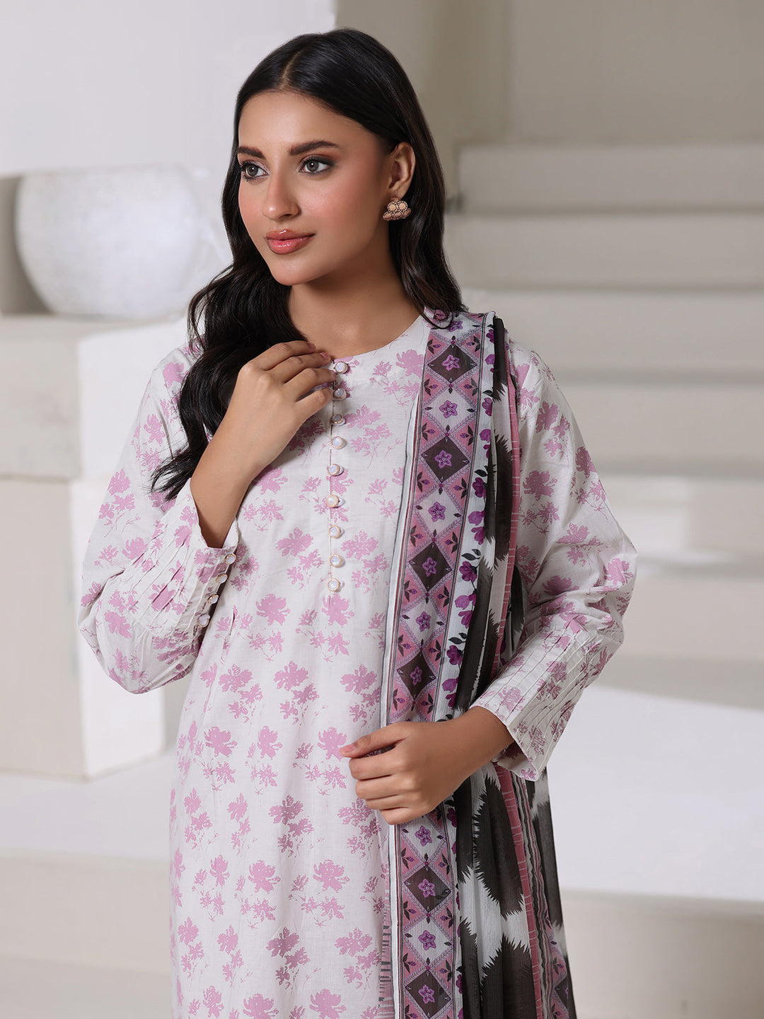 Oaks - Dyed Cambric Screen Print Suit For Women - White & Pink - 3 Piece