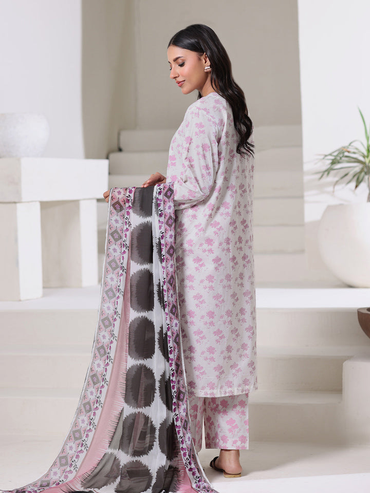 Oaks - Dyed Cambric Screen Print Suit For Women - White & Pink - 3 Piece