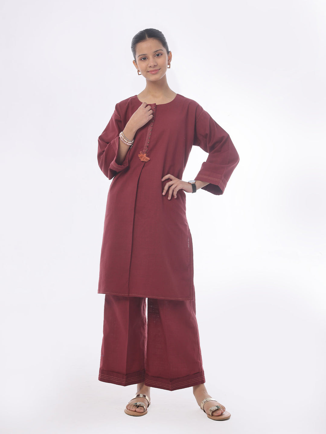 Oaks - Dyed Pret Shirt Trouser Khaddar Maroon  - 2 Piece