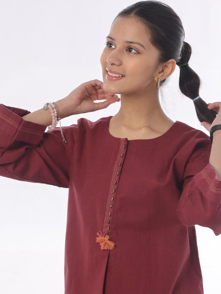 Oaks - Dyed Pret Shirt Trouser Khaddar Maroon  - 2 Piece