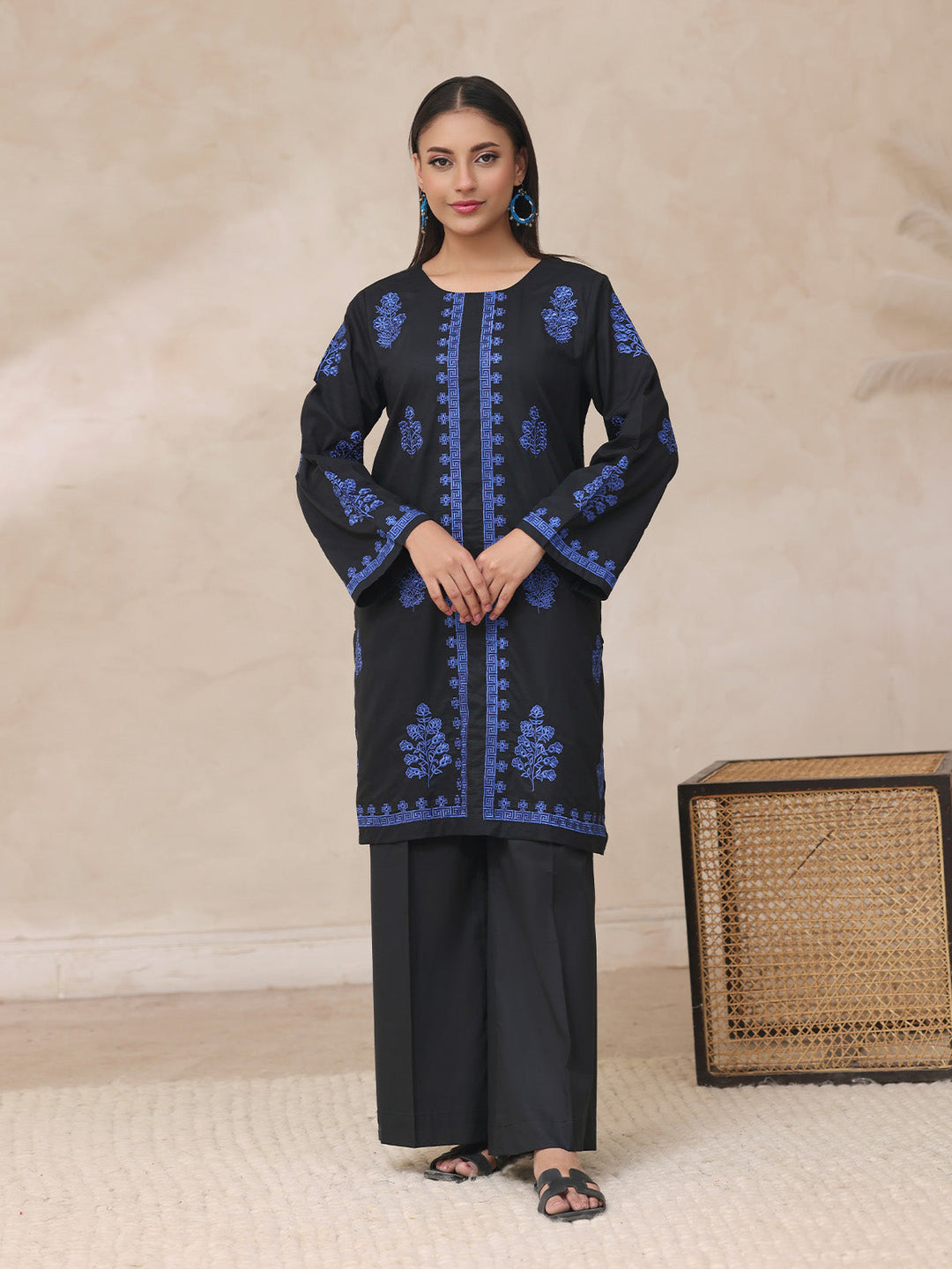 Oaks - Embroidered Cambric Suit For Women - Black - 2 Piece