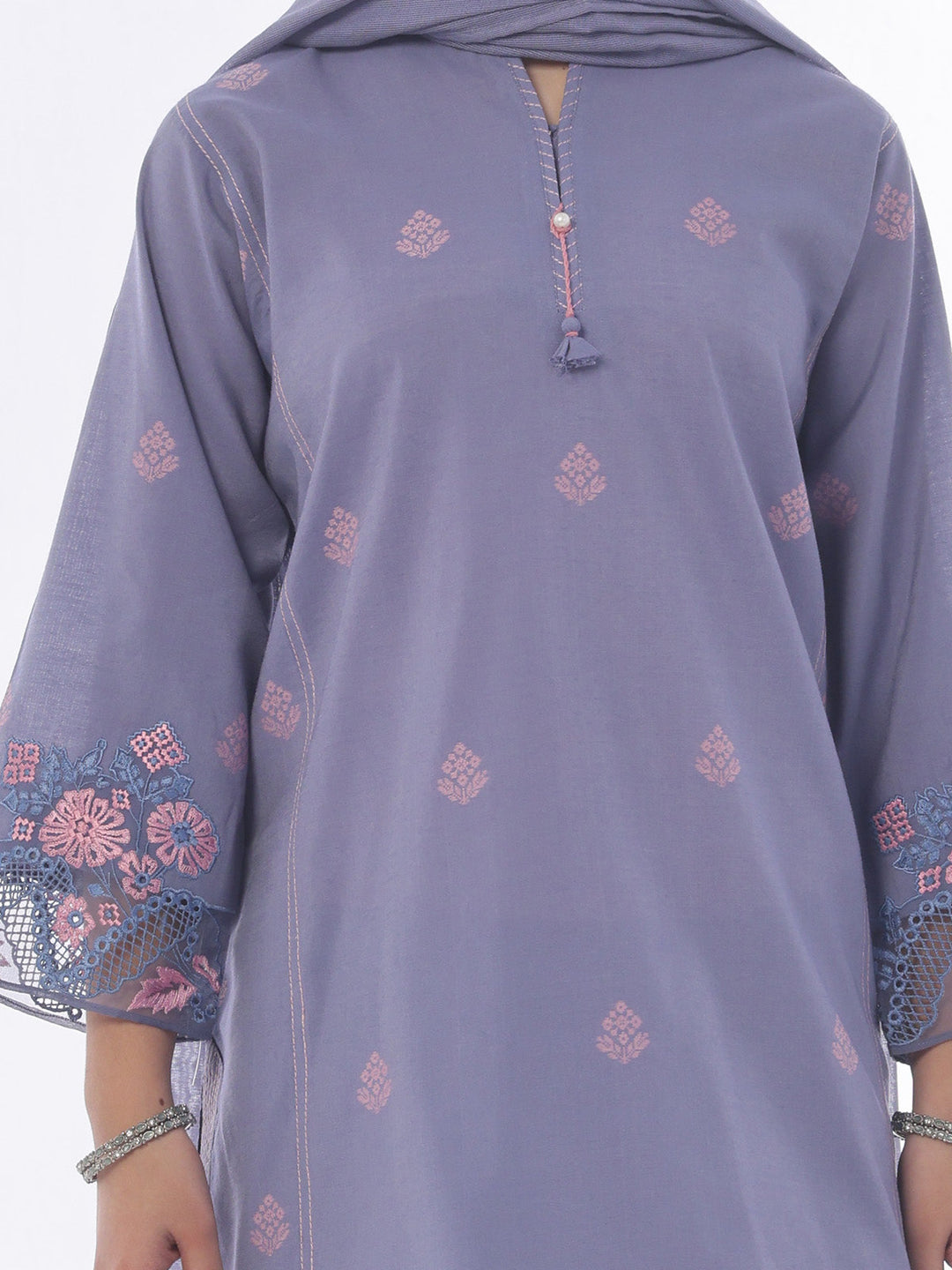 Oaks - Embroidered Cotton Silk Suit For Girl - Blue - 3 Piece