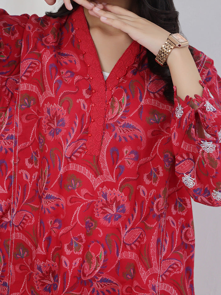 Oaks - Embroidered Lawn Suit For Girl - Red - 2 Piece