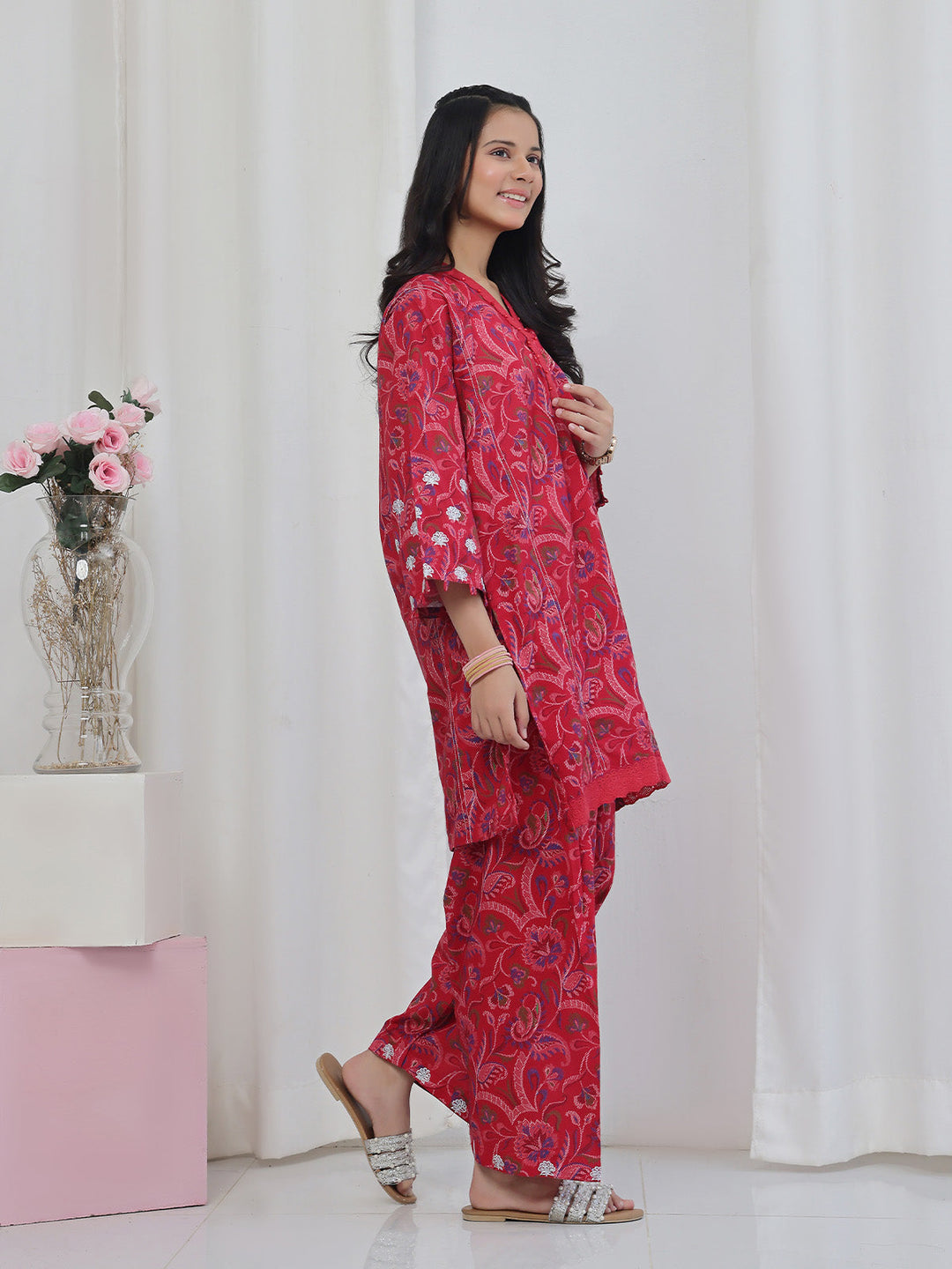 Oaks - Embroidered Lawn Suit For Girl - Red - 2 Piece