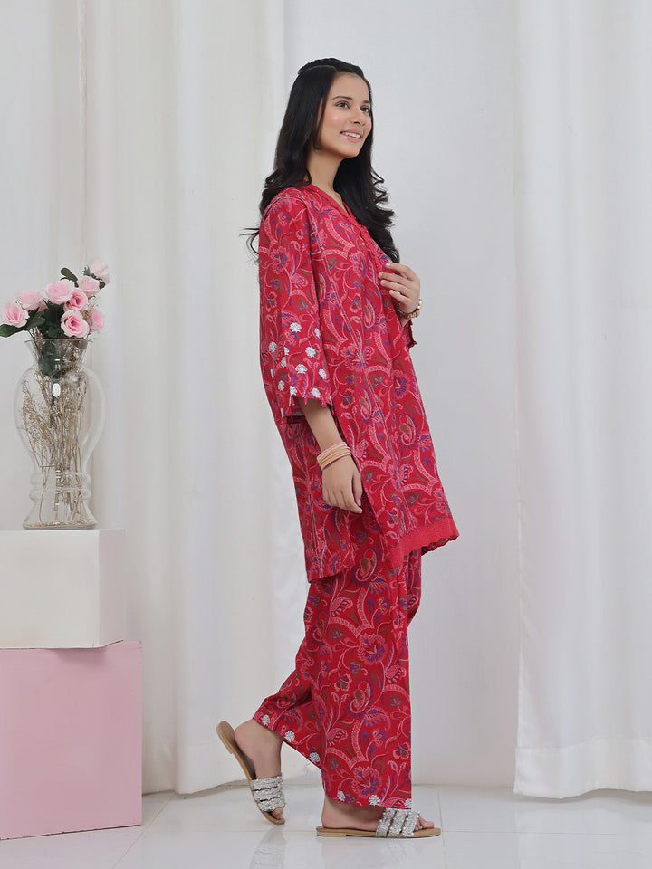 Oaks - Embroidered Lawn Suit For Girl - Red - 2 Piece