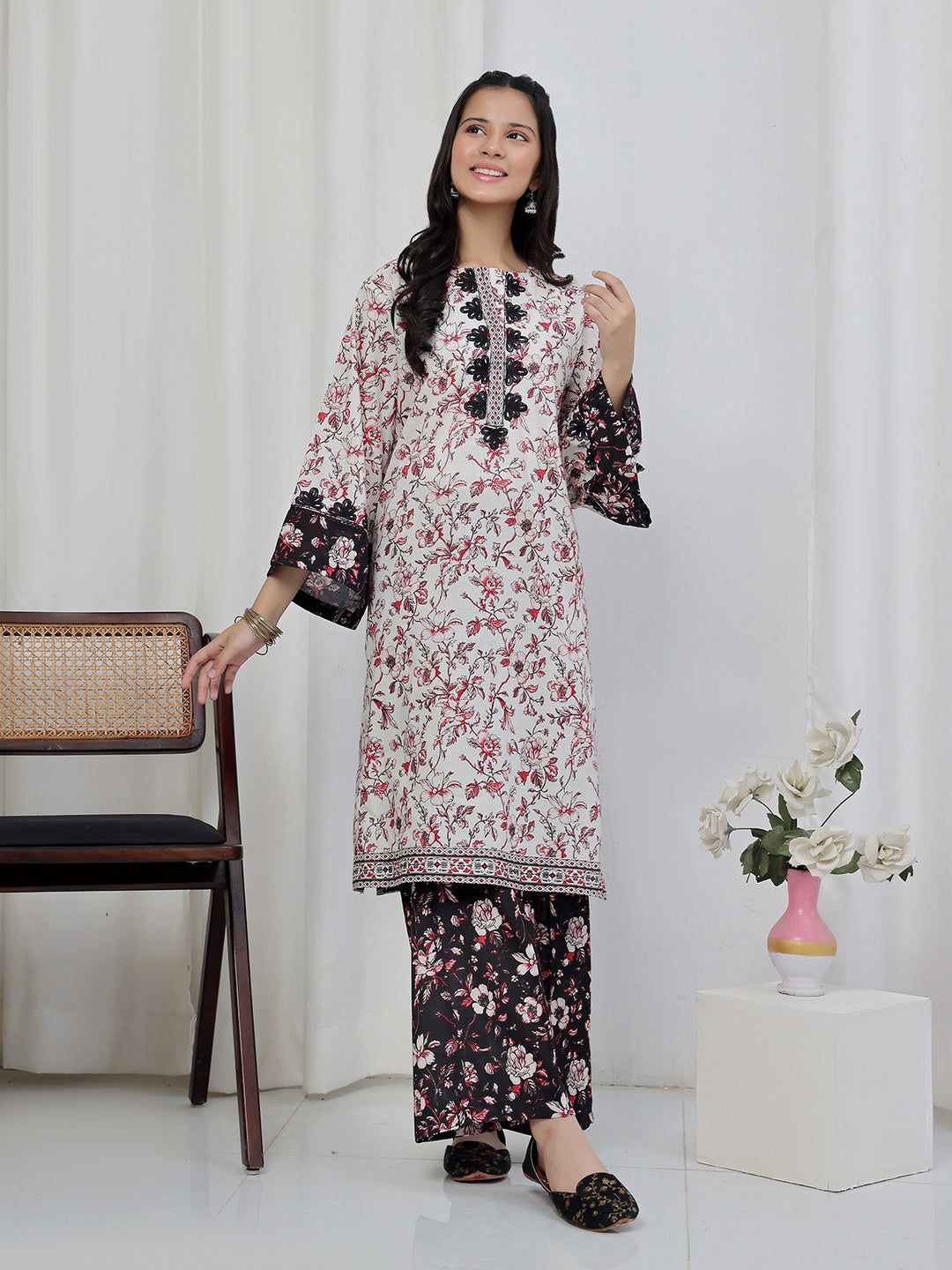 Oaks - Embroidered Lawn Suit For Girl - Red&Black - 2 Piece
