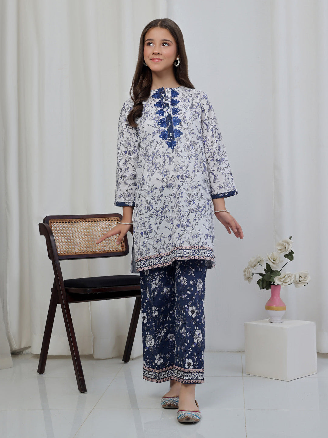 Oaks - Embroidered Lawn Suit For Girl - White&Blue - 2 Piece
