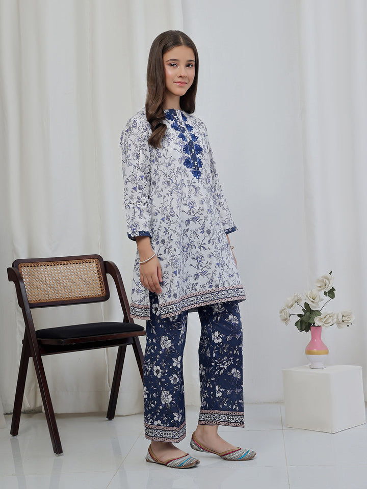 Oaks - Embroidered Lawn Suit For Girl - White&amp;Blue - 2 Piece