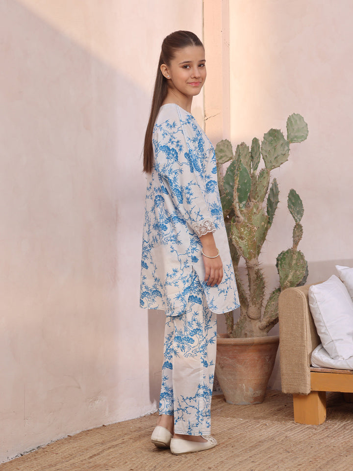 Oaks - Embroidered Pret Shirt & Trouser Cambric White & Blue  - 2 Piece