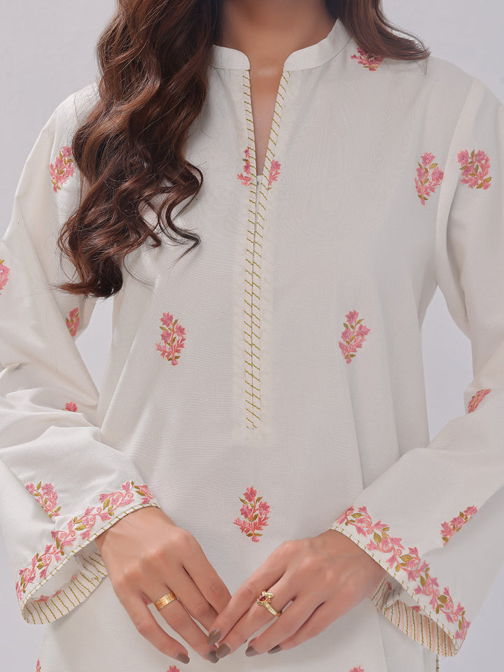 Oaks - Embroidered Pret Shirt Trouser Cotton Silk White  - 2 Piece