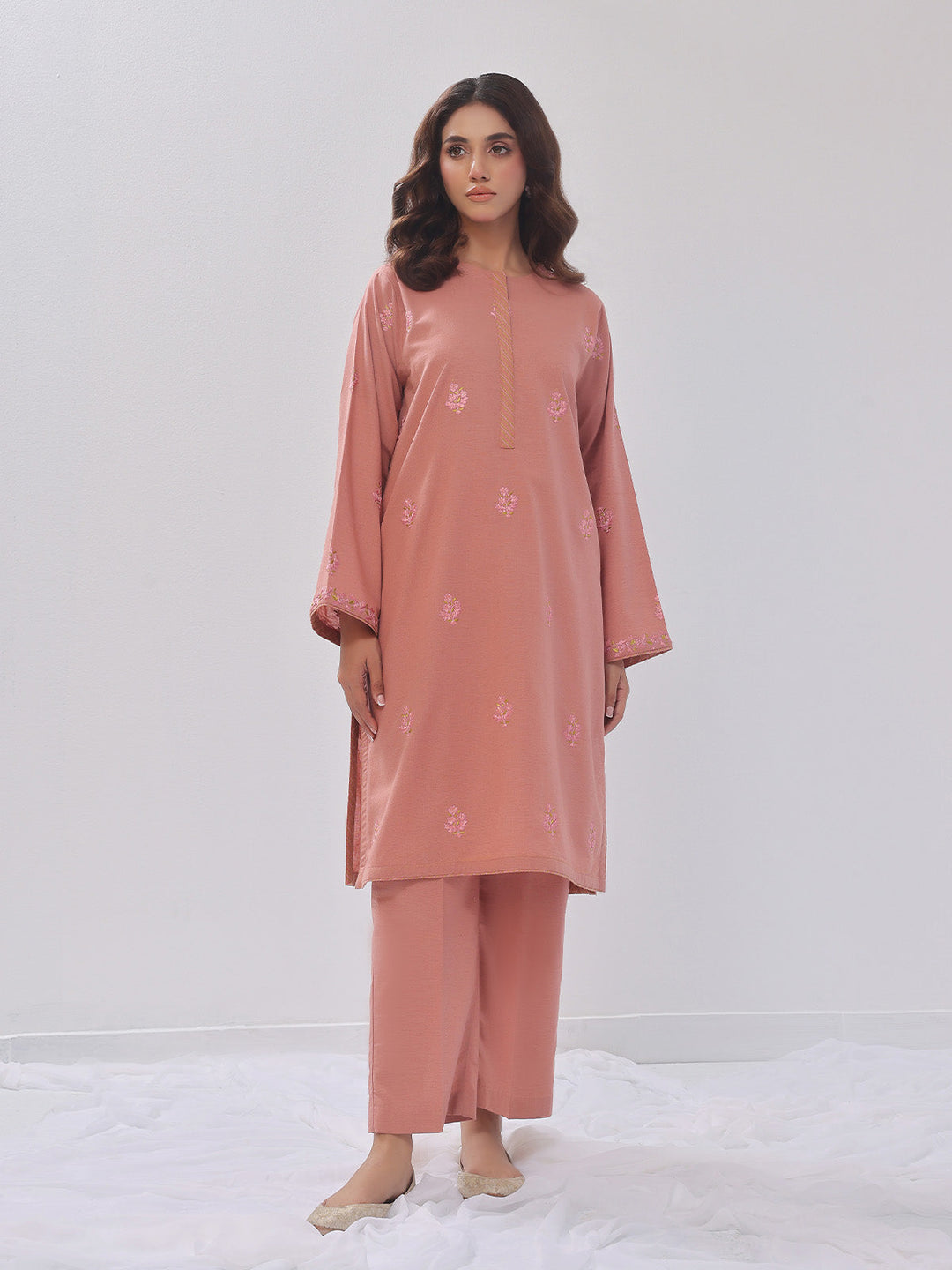 Oaks - Embroidered Pret Shirt Trouser Cotton Texture Peach  - 2 Piece