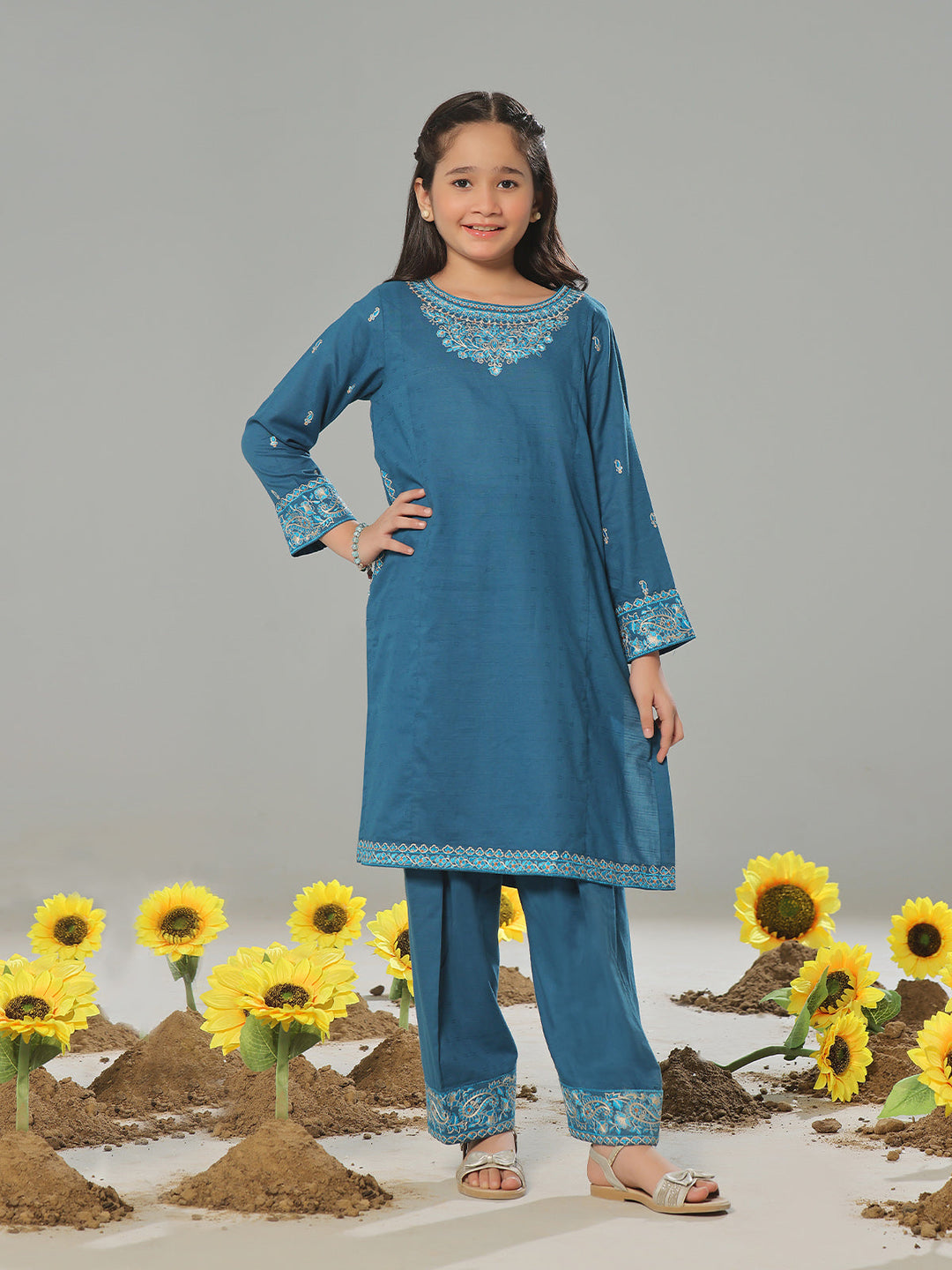 Oaks - Embroidered Pret Shirt Trouser Dobby Blue  - 2 Piece