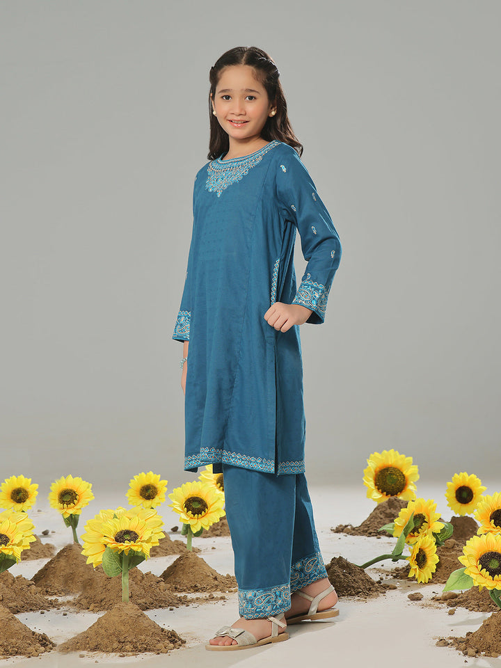 Oaks - Embroidered Pret Shirt Trouser Dobby Blue  - 2 Piece
