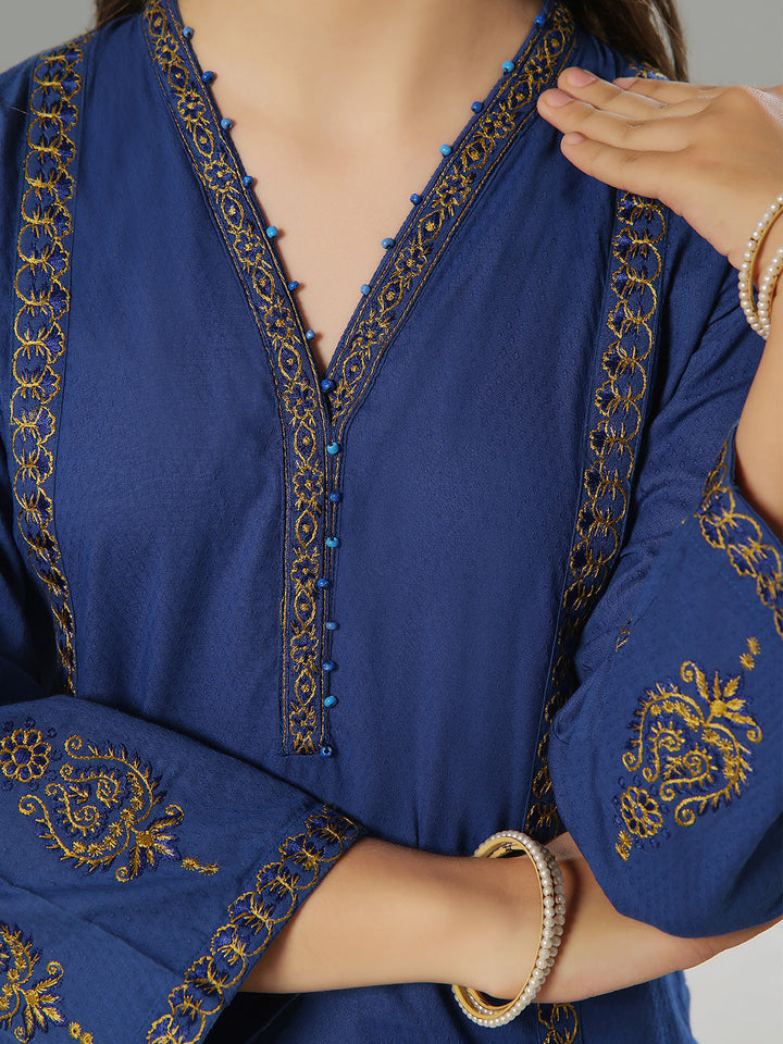 Oaks - Embroidered Pret Shirt Trouser Dobby Blue  - 2 Piece