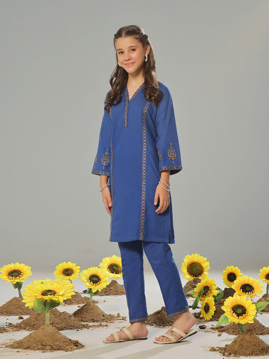 Oaks - Embroidered Pret Shirt Trouser Dobby Blue  - 2 Piece