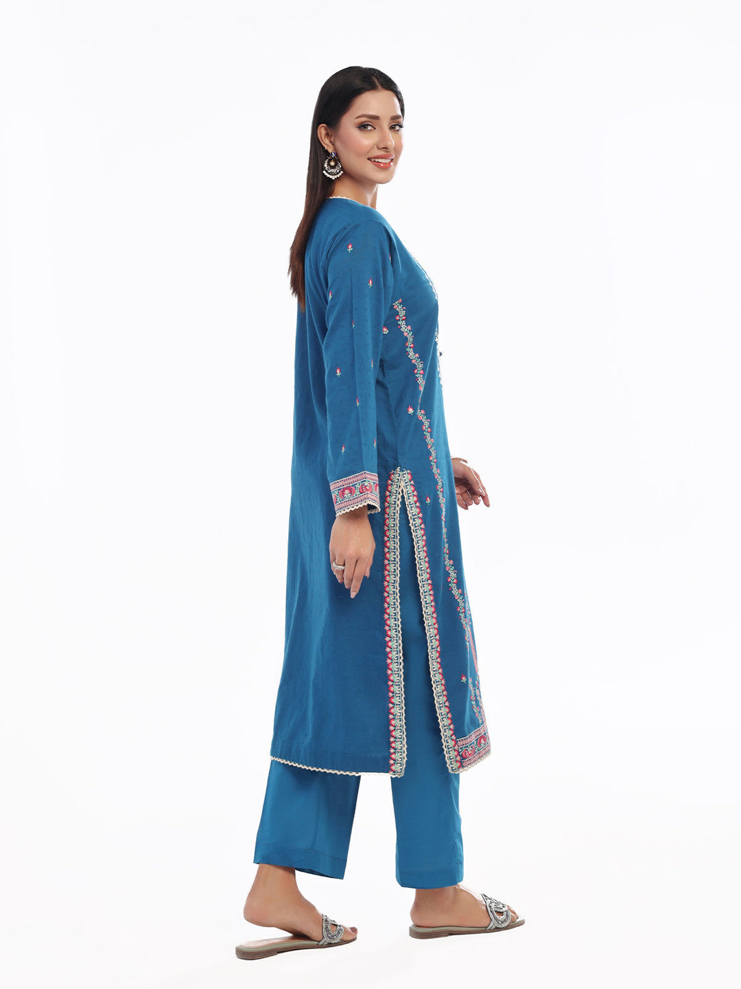 Oaks - Embroidered Pret Shirt Trouser Dobby Teal  - 2 Piece