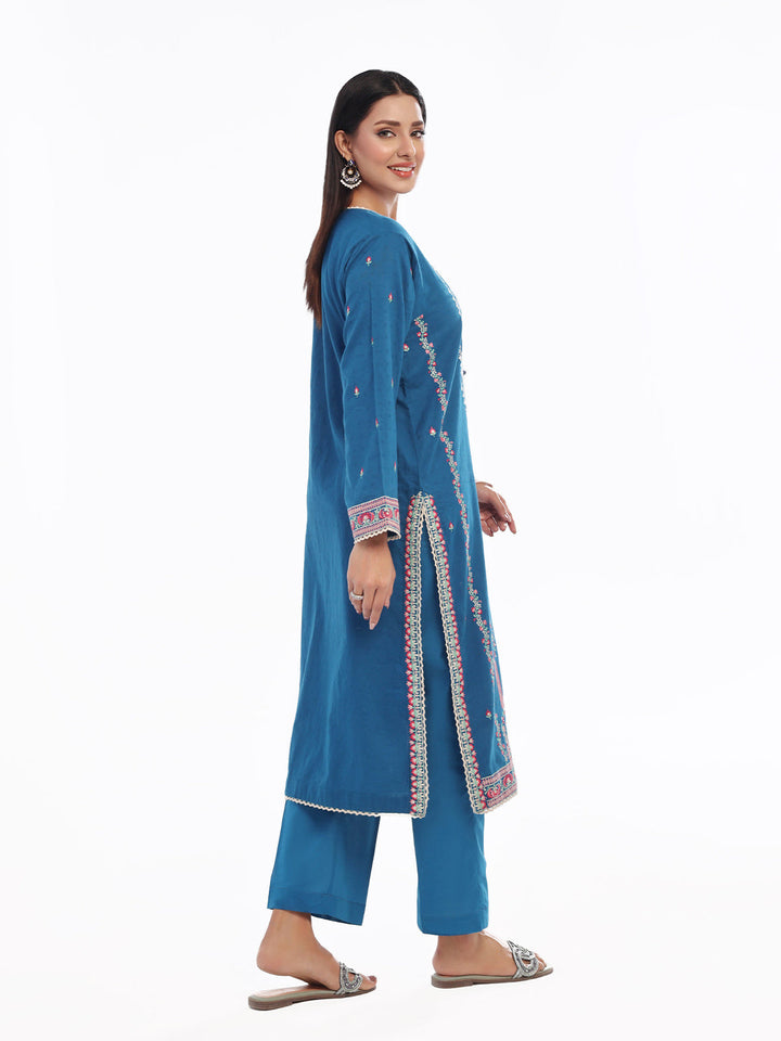Oaks - Embroidered Pret Shirt Trouser Dobby Teal  - 2 Piece