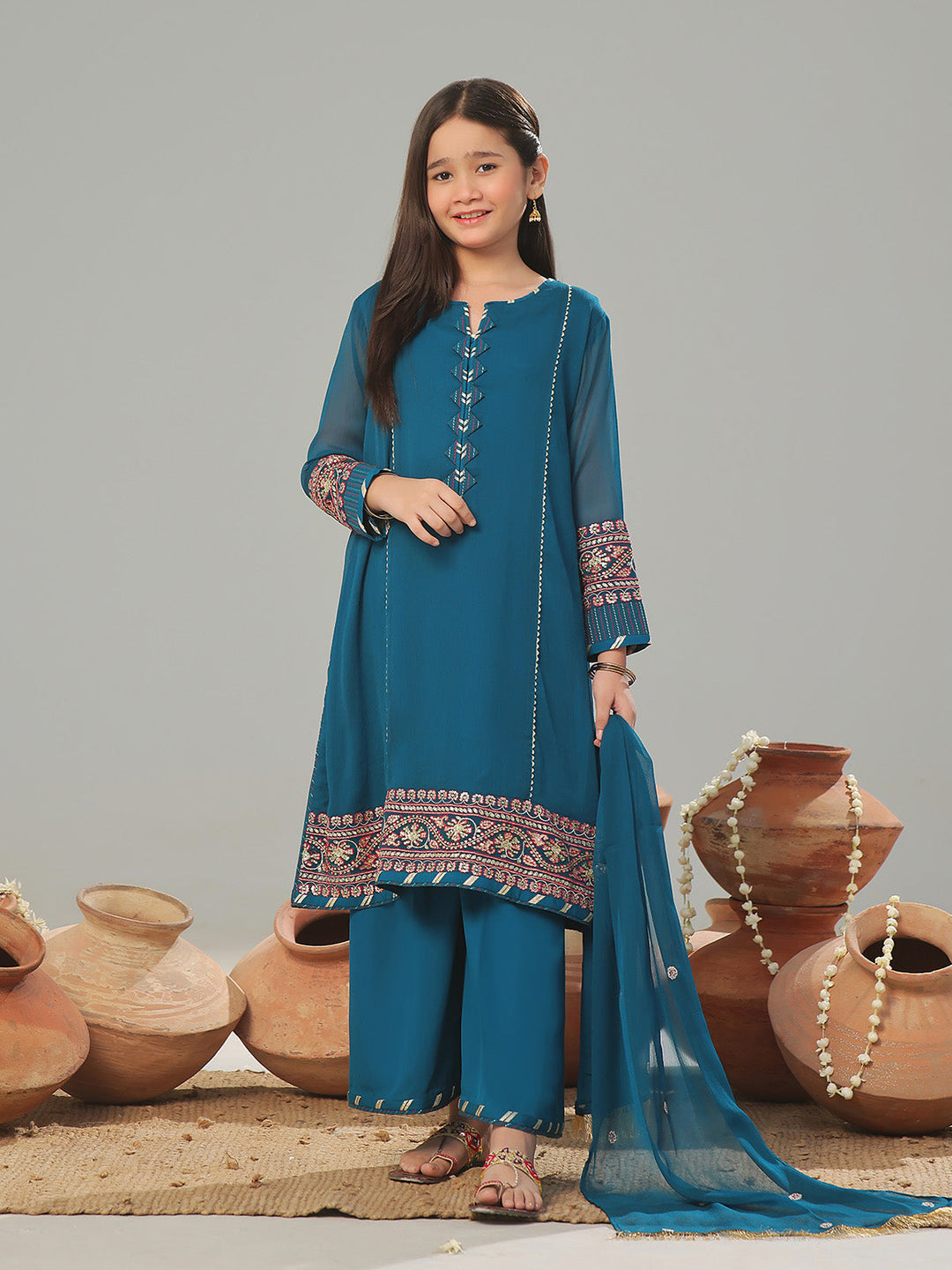 Oaks - Embroidered Pret Shirt Trouser Dyed Chiffon Teal  - 2 Piece