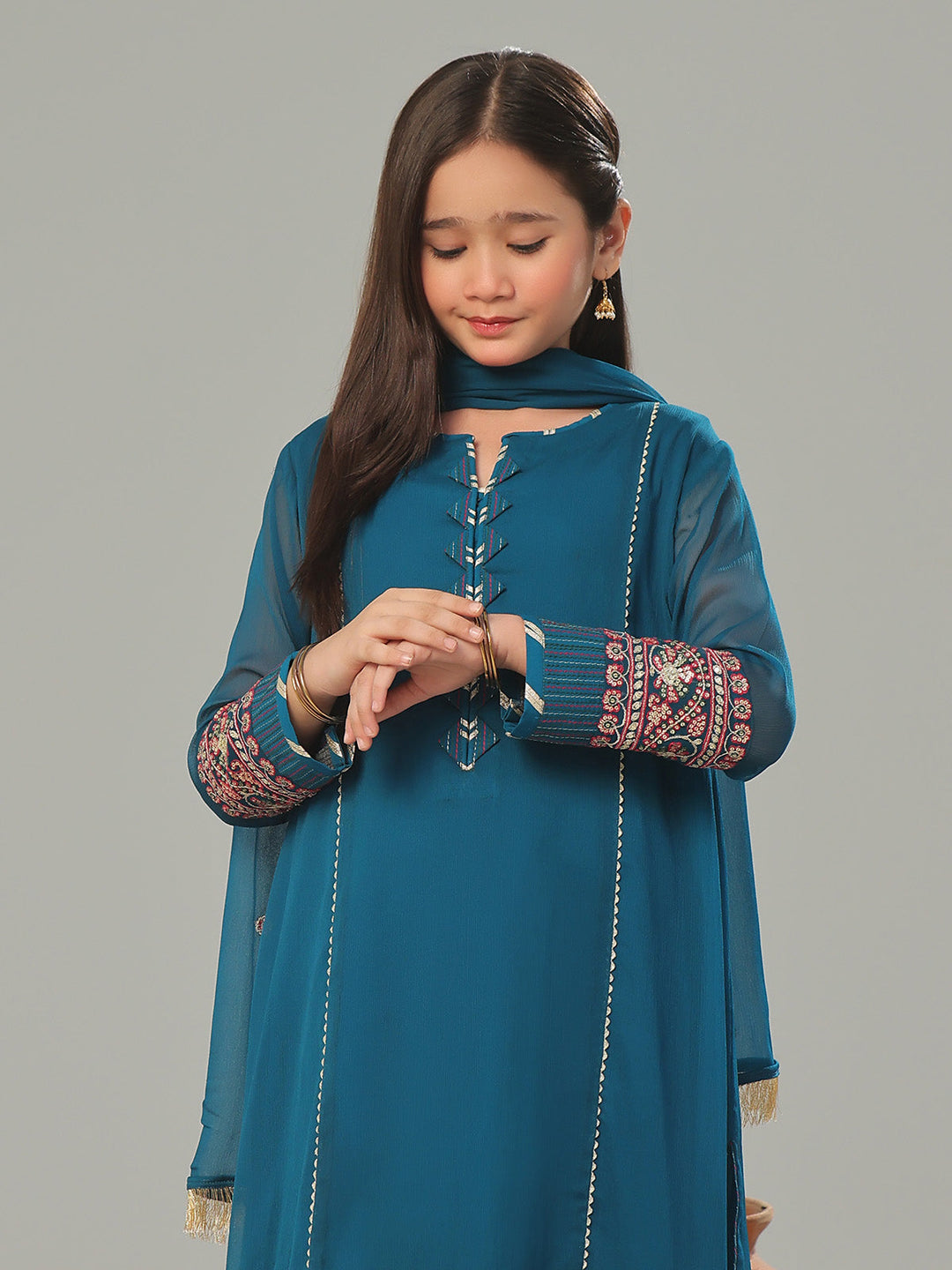 Oaks - Embroidered Pret Shirt Trouser Dyed Chiffon Teal  - 2 Piece