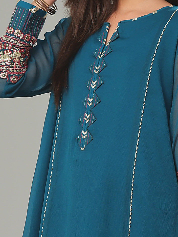Oaks - Embroidered Pret Shirt Trouser Dyed Chiffon Teal  - 2 Piece