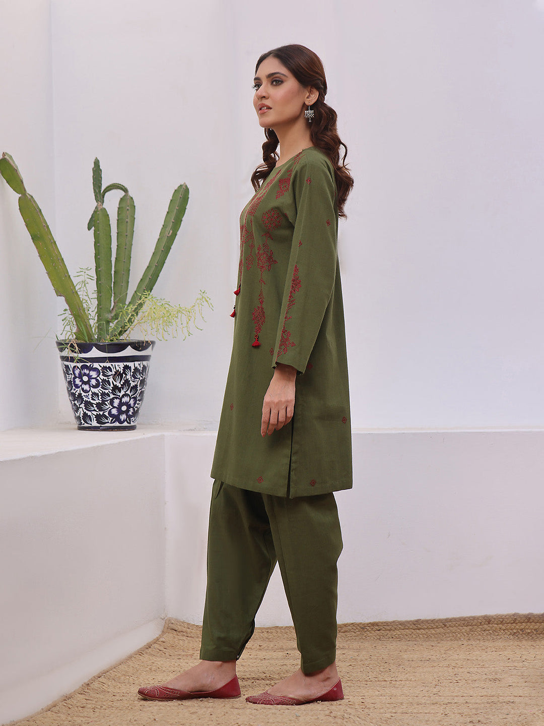 Oaks - Embroidered Pret Shirt Trouser Khaddar Green  - 2 Piece