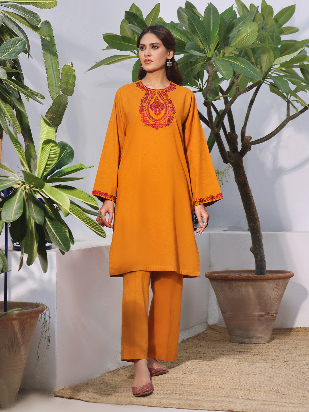 Oaks - Embroidered Pret Shirt Trouser Khaddar Mustard  - 2 Piece