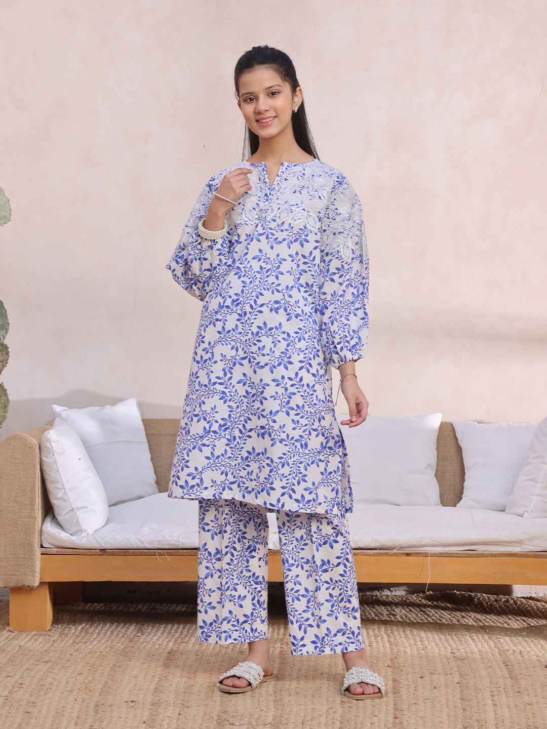 Oaks - Embroidered Pret Shirt Trouser Lawn White & Blue  - 2 Piece