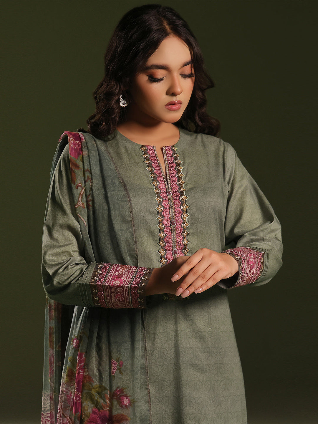 Oaks - Embroidered Pret Suit Cambric Green  - 3 Piece