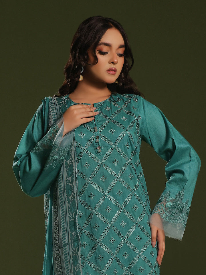Oaks - Embroidered Pret Suit Cambric Green  - 3 Piece