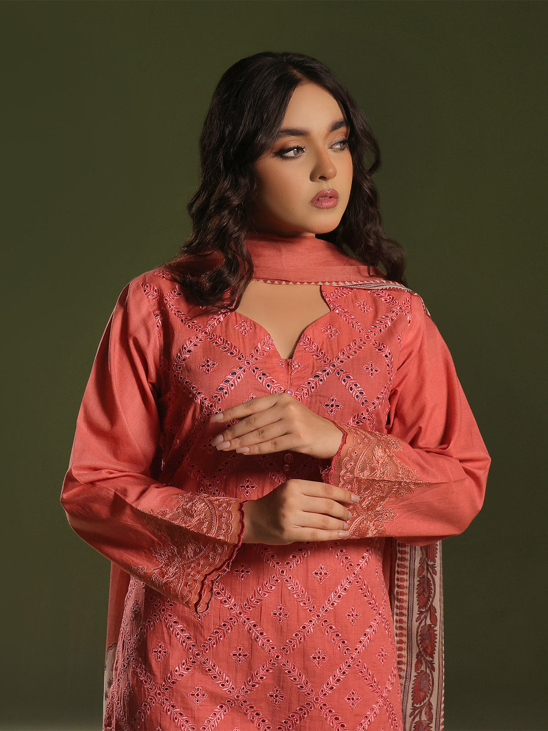 Oaks - Embroidered Pret Suit Cambric Orange  - 3 Piece