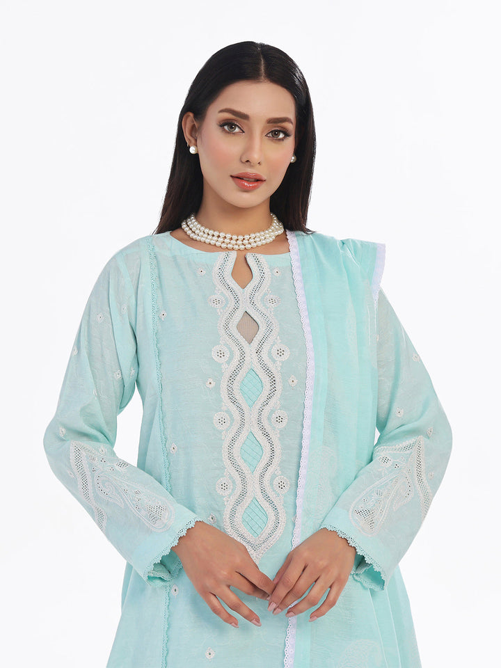 Oaks - Embroidered Pret Suit Cotton Silk Jacquard Ferozi  - 3 Piece