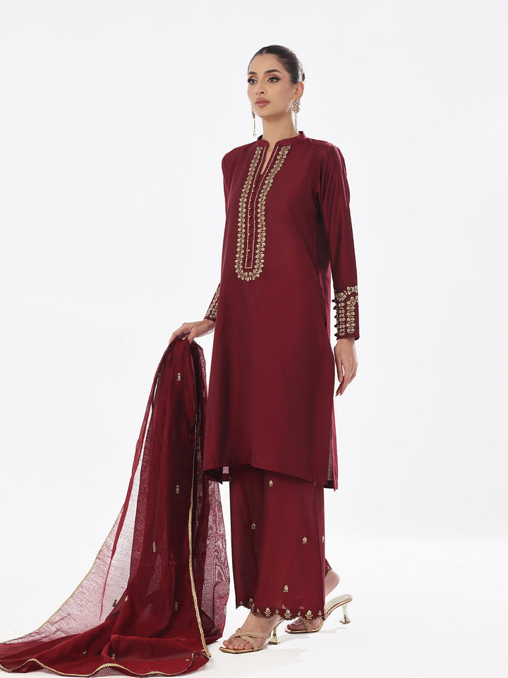 Oaks - Embroidered Pret Suit Cotton Silk Maroon  - 3 Piece