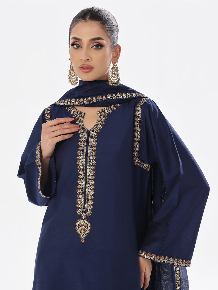 Oaks - Embroidered Pret Suit Cotton Silk Navy Blue  - 3 Piece