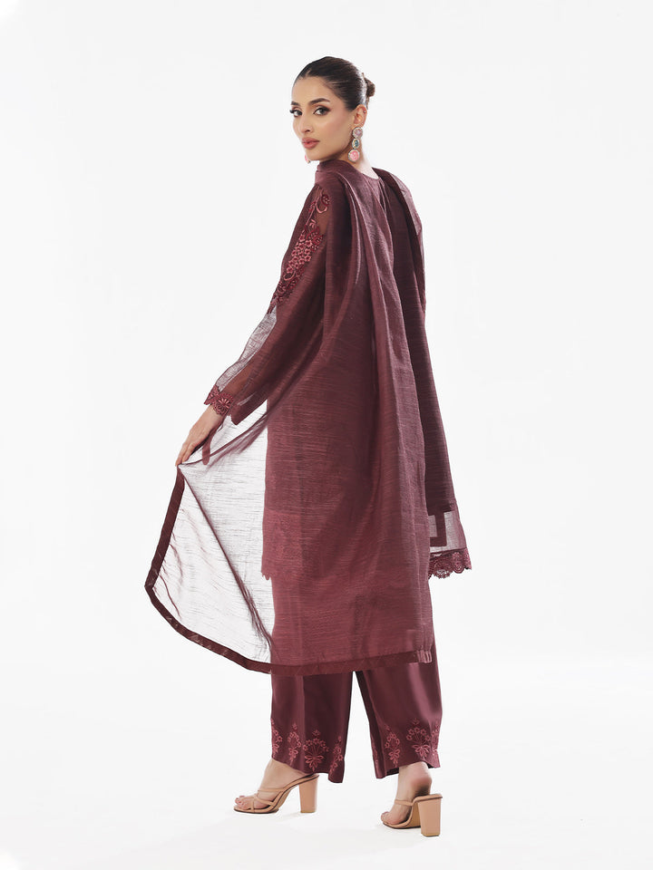 Oaks - Embroidered Pret Suit Net Slub Polly Plum  - 3 Piece
