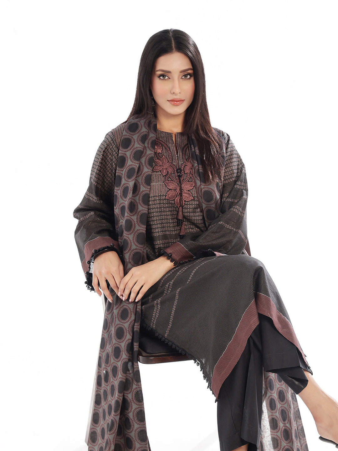 Oaks - Embroidered Pret &amp; Unstitched Masoori Lawn Black - 3 Piece