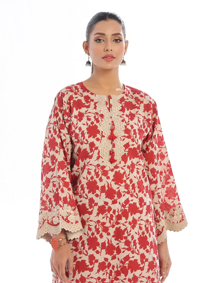 Oaks - Embroidered Pret &amp; Unstitched Shirt Trouser Lawn Red - 2 Piece