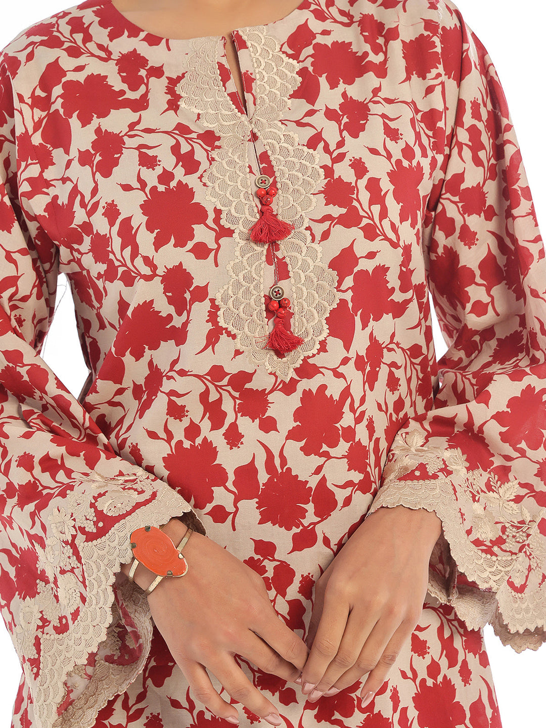 Oaks - Embroidered Pret &amp; Unstitched Shirt Trouser Lawn Red - 2 Piece