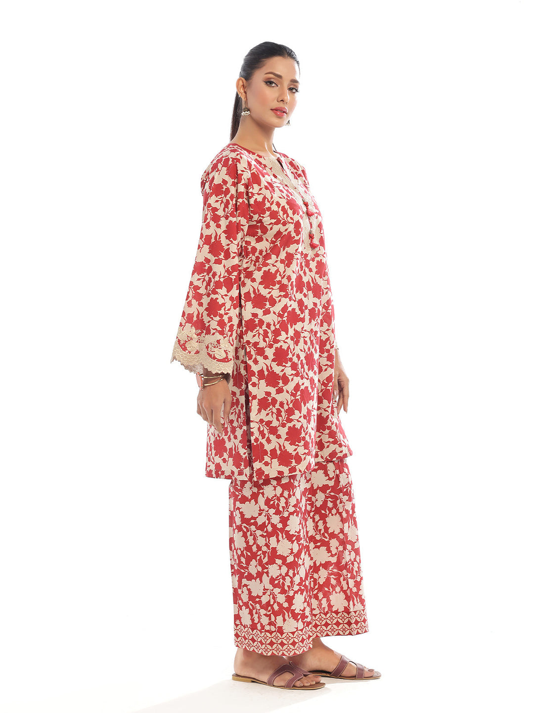 Oaks - Embroidered Pret &amp; Unstitched Shirt Trouser Lawn Red - 2 Piece