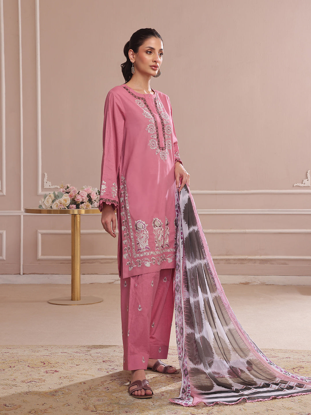 Oaks - Embroidered Pret &amp; Unstitched Suit Dyed Slub Cambric Tea Pink - 3 Piece