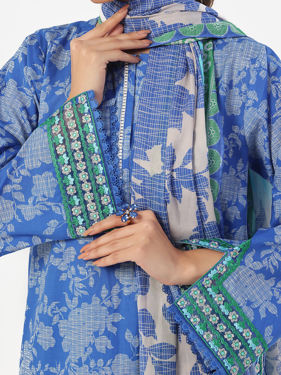 Oaks - Embroidered Pret &amp; Unstitched Suit Lawn Blue - 3 Piece