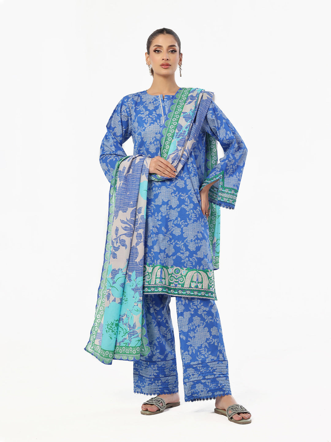 Oaks - Embroidered Pret &amp; Unstitched Suit Lawn Blue - 3 Piece