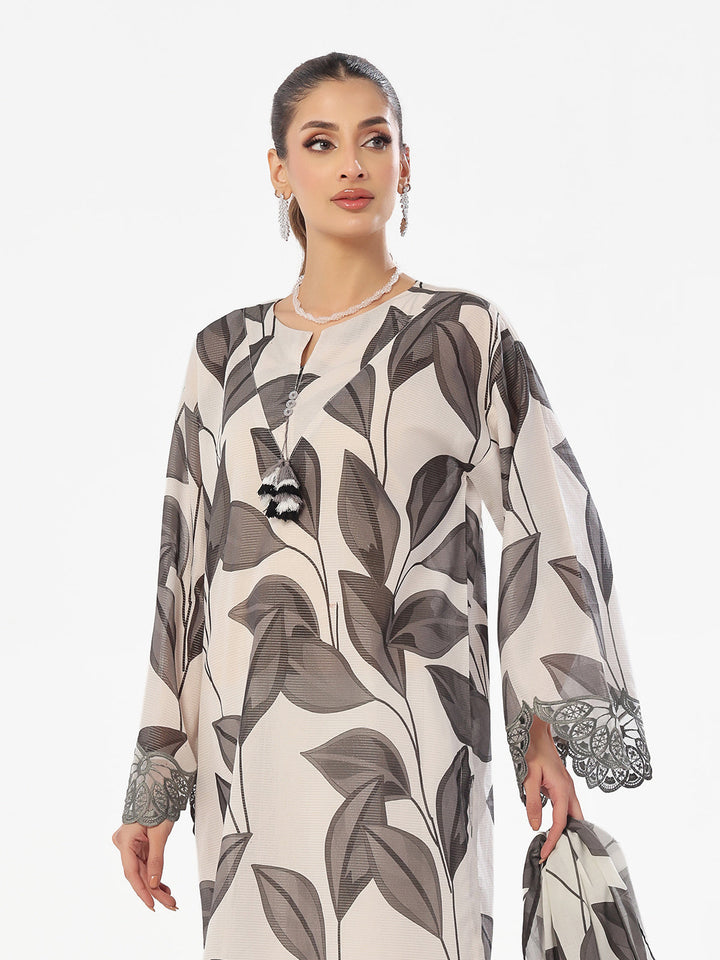 Oaks - Embroidered Pret & Unstitched Suit Masoori Lawn Black & Grey - 3 Piece