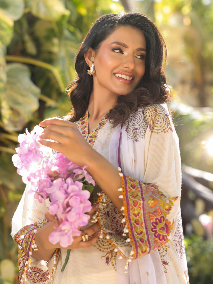 Oaks - Embroidered Pret &amp; Unstitched Suit Masoori Lawn Off White - 3 Piece