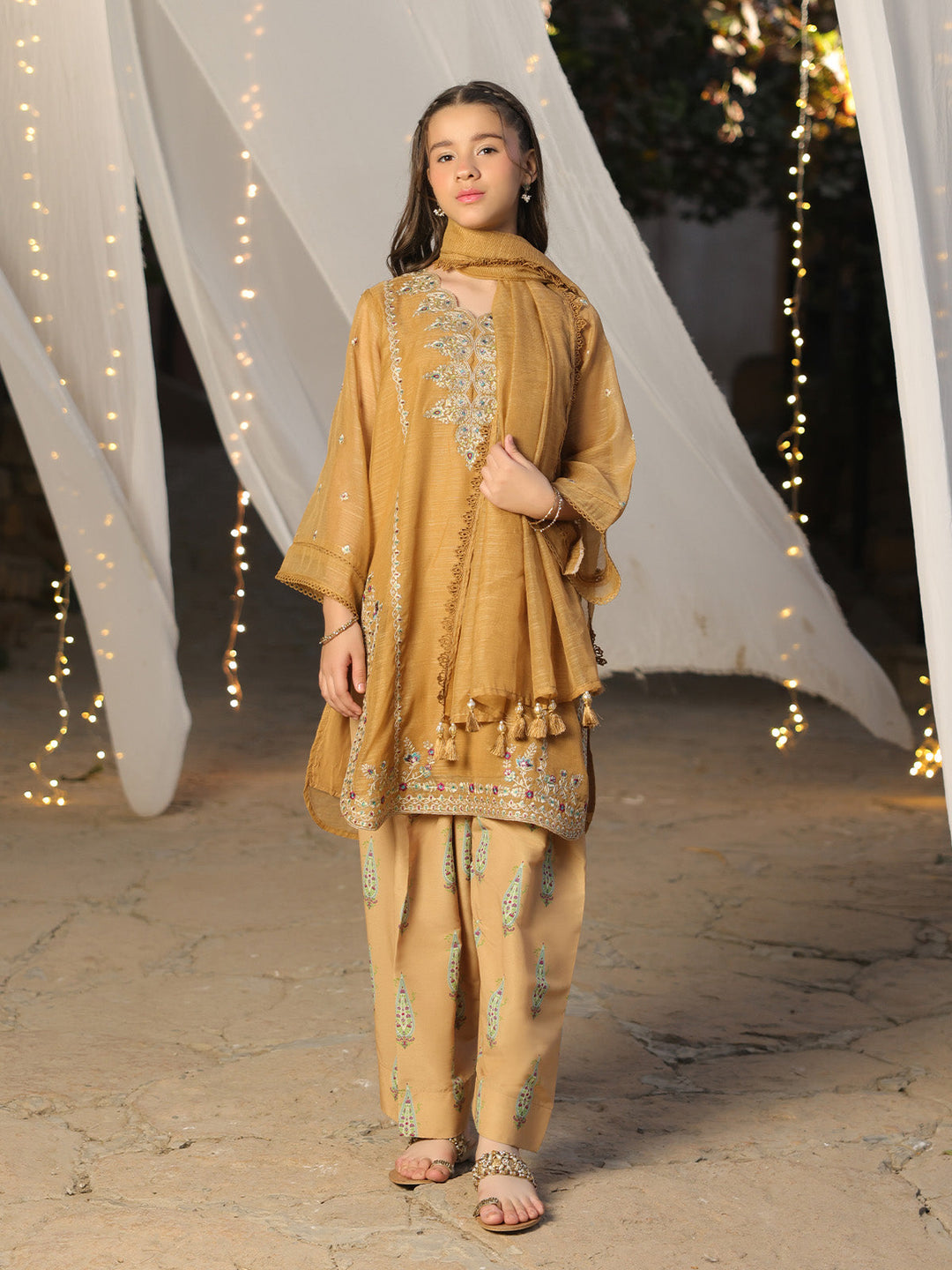 Oaks - Embroidered Slub net polly Suit For Girl - Bronze - 3 Piece