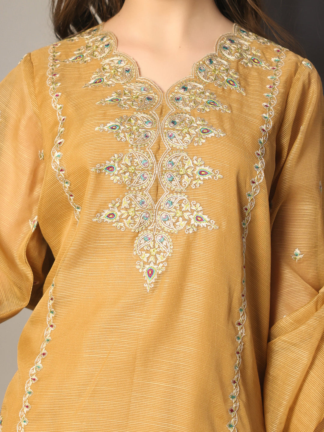 Oaks - Embroidered Slub net polly Suit For Girl - Bronze - 3 Piece